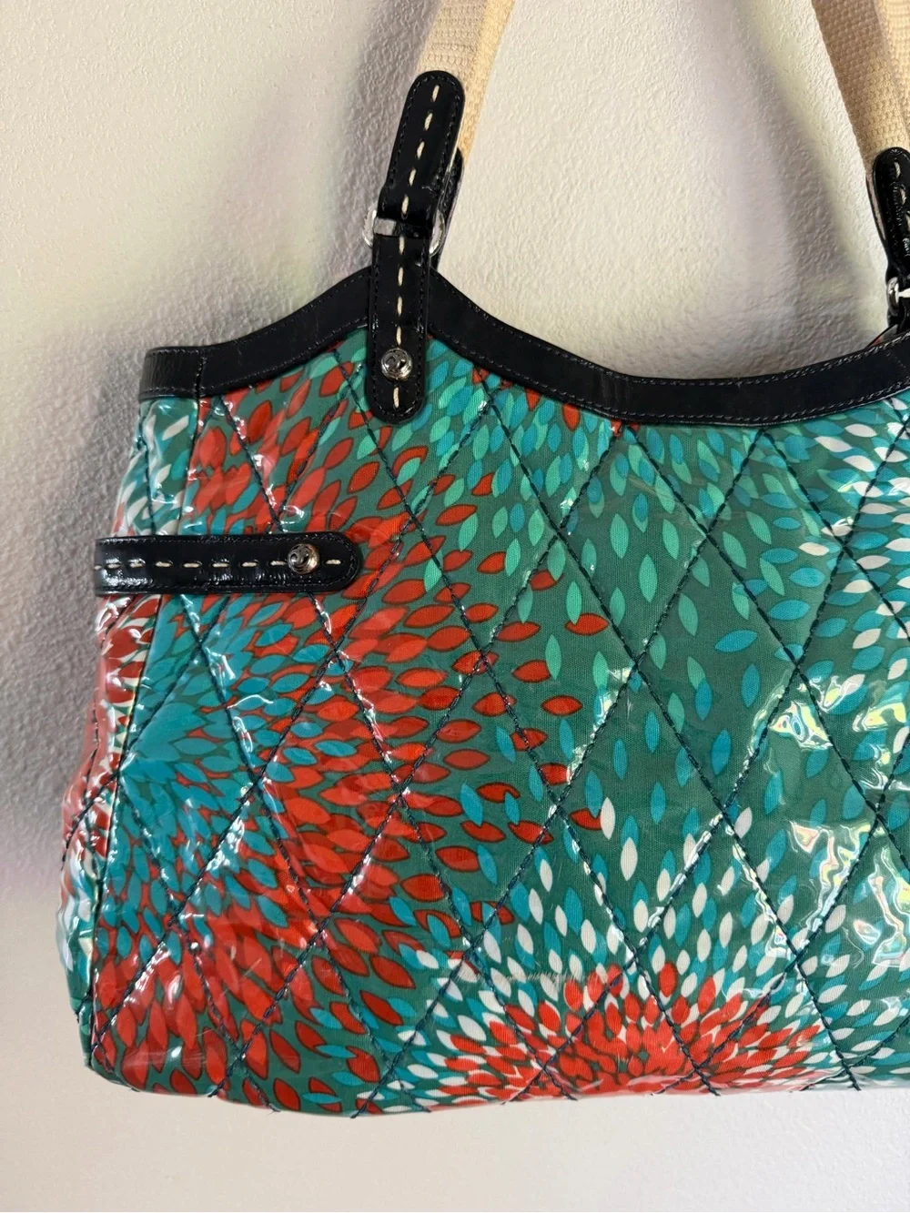 Brighton Purse Laminated Quilted Heart To Heart Large Tote Blue Red